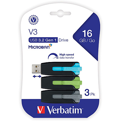 Verbatim 16GB Store 'n' Go V3 USB 3.2 Gen 1 Flash Drive - 3pk - Blue, Green, Gray (99126)