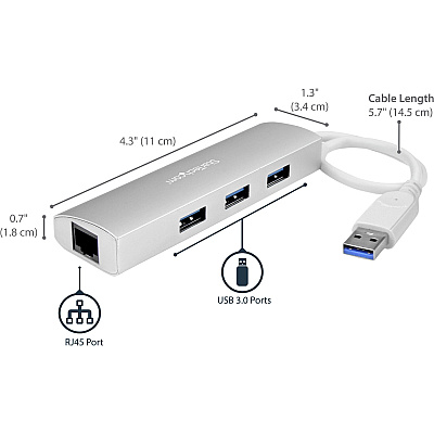 StarTech 3-port Usb Hub With Ethernet, Usb-a Ports, Gigabit Ethernet/gbe, Usb 5gbps, Bus-powered, Portable Laptop Usb 3.0 Hub (ST3300G3UA)