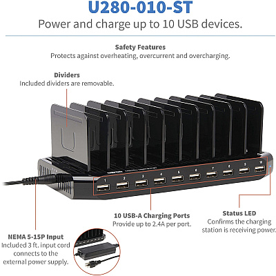 Tripp Lite 10-Port USB Charging Station with Adjustable Storage, 12V 8A (96W) USB Charger Output (U280010ST)