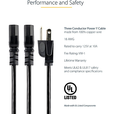 StarTech 10ft Power Y Cord, Nema 5-15p To 2x C13 (PXT101Y10)