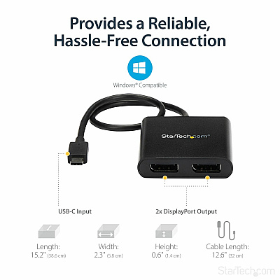 StarTech 2-port Usb-c To Displayport Mst Hub - 4k 30hz - Multi-stream Transport Hub For Usb C Windows Devices - Thunderbolt 3 Compatible (MSTCDP122DP)