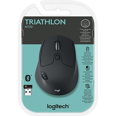 Logitech M720 Triathlon Multi-Device Wireless Mouse, Bluetooth, USB Unifying Receiver, 1000 DPI, 8 Buttons, 2-Year Battery, Compatible with Laptop, PC, Mac, iPadOS - Black (910004790)