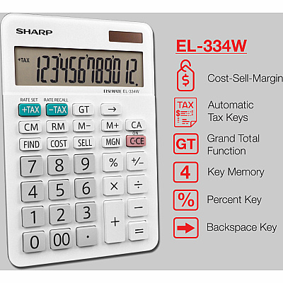Sharp EL-334WB 12 Digit Professional Large Desktop Calculator with Kick Stand Display