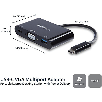 StarTech Usb-c Vga Multiport Adapter - Usb 3.0 Port - 60w Pd - Usb Type-c To Vga - Usb C Laptop Travel Adapter - Usb Type C Adapter With Pd (CDP2VGAUACP)