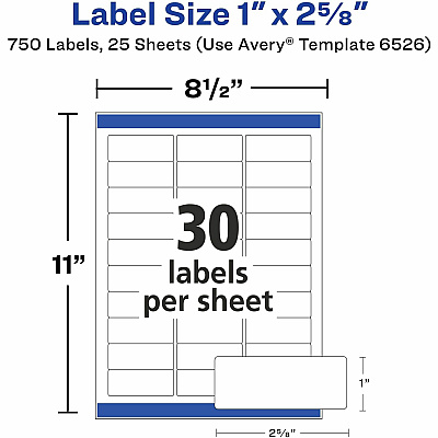 Avery Address Labels, Glossy White, 1" x 2-5/8" , 750 Total (AVE6526)