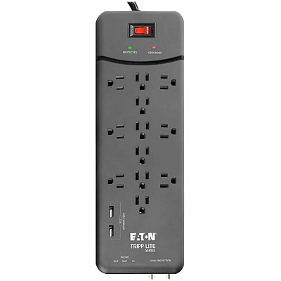 Eaton Tripp Lite Series Protect It! 12-Outlet Surge Protector, 8 ft. (2.43 m) Cord, 4320 Joules, Tel/Modem/Coax Protection, 2 USB Ports, Black (TLP128TTUSBB)