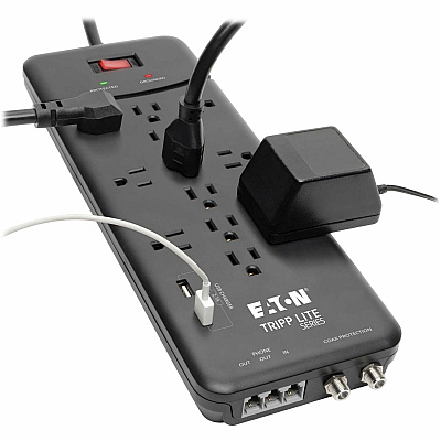 Eaton Tripp Lite Series Protect It! 12-Outlet Surge Protector, 8 ft. (2.43 m) Cord, 4320 Joules, Tel/Modem/Coax Protection, 2 USB Ports, Black (TLP128TTUSBB)