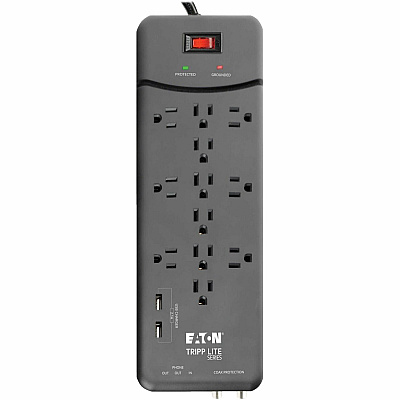 Eaton Tripp Lite Series Protect It! 12-Outlet Surge Protector, 8 ft. (2.43 m) Cord, 4320 Joules, Tel/Modem/Coax Protection, 2 USB Ports, Black (TLP128TTUSBB)