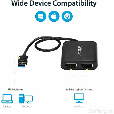StarTech Usb To Dual Displayport Adapter - 4k 60hz - Usb 3.0 (5gbps) (USB32DP24K60)