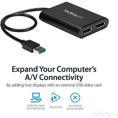 StarTech Usb To Dual Displayport Adapter - 4k 60hz - Usb 3.0 (5gbps) (USB32DP24K60)