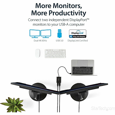 StarTech Usb To Dual Displayport Adapter - 4k 60hz - Usb 3.0 (5gbps) (USB32DP24K60)