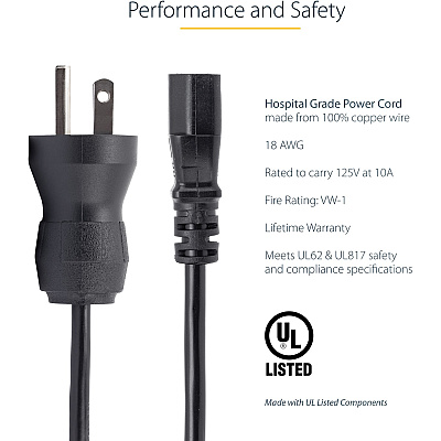 StarTech 10ft Hospital Power Cord, Nema 5-15p/c13 (PXTMG10110)