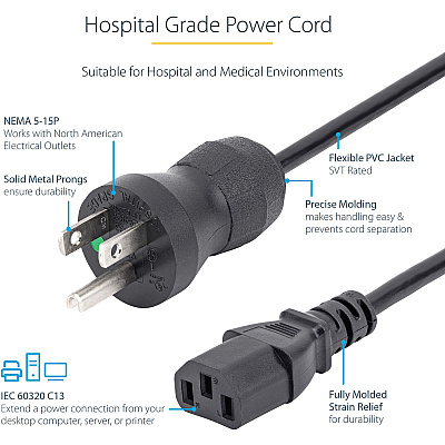 StarTech 10ft Hospital Power Cord, Nema 5-15p/c13 (PXTMG10110)