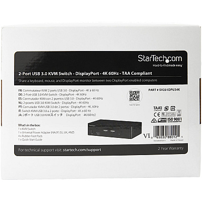 StarTech 2port Displayport Kvm Switch 4k 60hz Taa (SV231DPU34K)