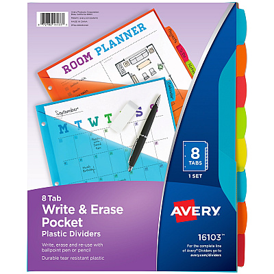 Avery Write & Erase 8-Tab Plastic Dividers, Pockets, Brights (AVE16103)