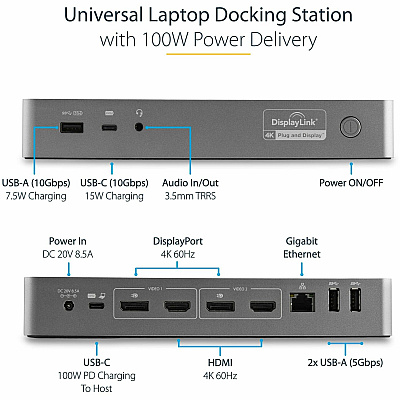 StarTech Universal Laptop Docking Station, Hybrid Usb-c & Usb-a Dock, Dual 4k Dp & Hdmi, 100w Pd, Mac / Windows / Chrome Os, 4x Usb 5gbps Hub, Gbe (DK30C2DPEP)
