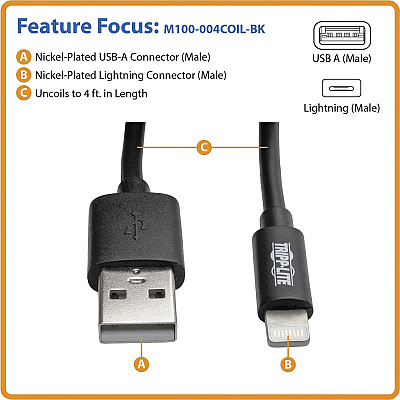 Tripp Lite Lightning Connector USB Coiled Cable (TRPM100004COILB)