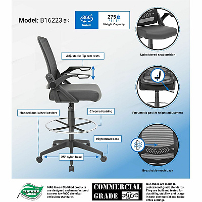 BOSS Black Flip Arm Mesh Drafting Stool (B16223BK)