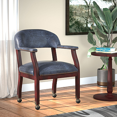 BOSS Captain's Chair In Blue Vinyl with Casters (B9545BE)