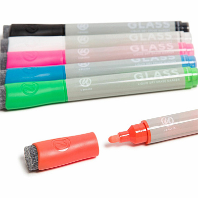 U Brands Liquid Glass Board Dry Erase Markers with Erasers, Low Odor, Bullet Tip, Assorted Colors, 12-Count - 2913U00-12