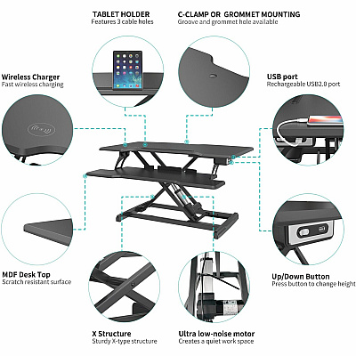Lorell Electric Desk Riser with Wireless Device Charging (LLR99530)