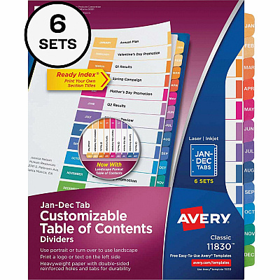 Avery Ready Index 12 Tab Dividers, Customizable TOC, 6 Sets (AVE11830)