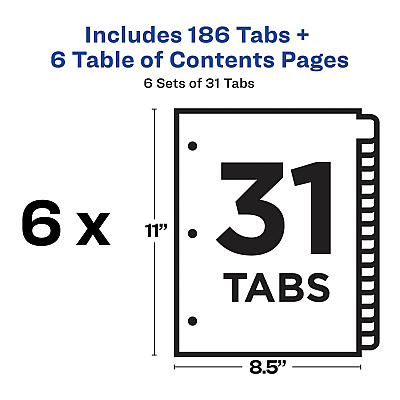 Avery Ready Index 31 Tab Dividers, Customizable TOC, 6 Sets (AVE11831)