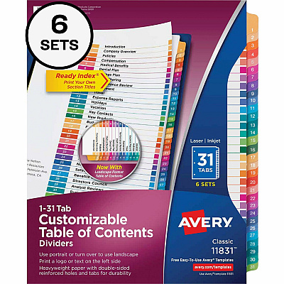 Avery Ready Index 31 Tab Dividers, Customizable TOC, 6 Sets (AVE11831)