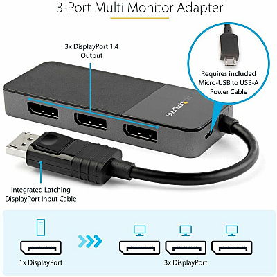 StarTech 3 Port Displayport Mst Hub - 3 X 4k - Dp 1.4 Multi Monitor Splitter - Windows - Hdr - Edid - Displayport To 3 X Displayport (MST14DP123DP)