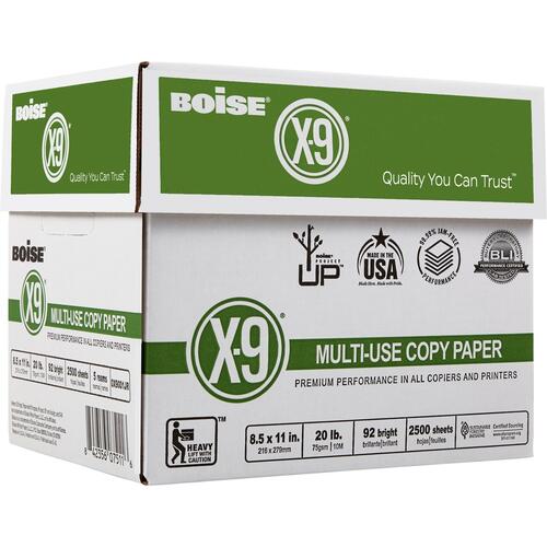 BOISE X-9 Multi-Use Copy Paper, 8.5" x 11" Letter, 92 Bright White, 20 lb., 5 Ream Carton (2,500 Sheets) (OX9001JR)