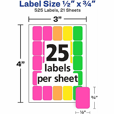 Avery Removable Labels, 1/2" x 3/4" , Neon, 525 Total (6721) (06721)