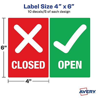 Avery Surface Safe OPEN/CLOSED Table/Chair Decals (AVE83070)