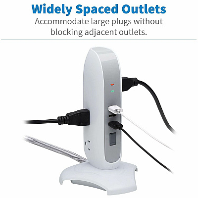 Tripp Lite 5-Outlet Surge Protector Tower, 3x USB Ports (3.1A Shared), 6 ft. Cord, 5-15P Plug, 1200 Joules, White (TLP66USB)