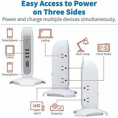 Tripp Lite 5-Outlet Surge Protector Tower, 3x USB Ports (3.1A Shared), 6 ft. Cord, 5-15P Plug, 1200 Joules, White (TLP66USB)