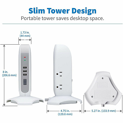 Tripp Lite 5-Outlet Surge Protector Tower, 3x USB Ports (3.1A Shared), 6 ft. Cord, 5-15P Plug, 1200 Joules, White (TLP66USB)