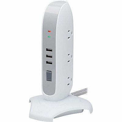 Tripp Lite 5-Outlet Surge Protector Tower, 3x USB Ports (3.1A Shared), 6 ft. Cord, 5-15P Plug, 1200 Joules, White (TLP66USB)