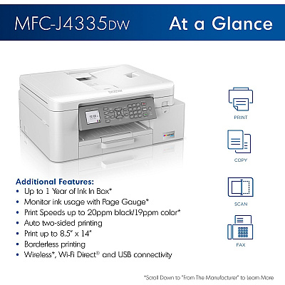 Brother INKvestment Tank MFC-J4335DW Inkjet Multifunction Printer-Color-Copier/Fax/Scanner-4800x1200 dpi Print-Automatic Duplex Print-30000 Pages-150 sheets Input-Color Flatbed Scanner-2400 dpi Optical Scan-Wireless LAN-Mopria-Brother Mobile Connect