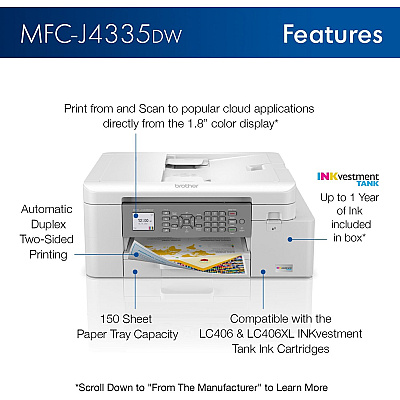Brother INKvestment Tank MFC-J4335DW Inkjet Multifunction Printer-Color-Copier/Fax/Scanner-4800x1200 dpi Print-Automatic Duplex Print-30000 Pages-150 sheets Input-Color Flatbed Scanner-2400 dpi Optical Scan-Wireless LAN-Mopria-Brother Mobile Connect