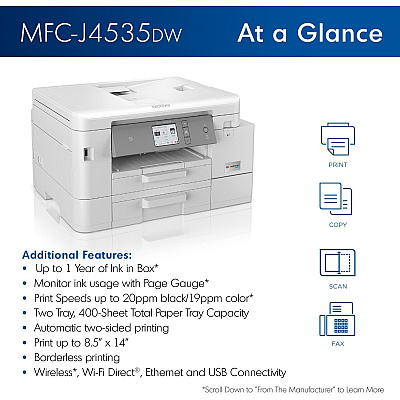 Brother INKvestment Tank MFC-J4535DW Inkjet Multifunction Printer-Color-Copier/Fax/Scanner-4800x1200 dpi Print-Automatic Duplex Print-30000 Pages-400 sheets Input-Color Flatbed Scanner-2400 dpi Optical Scan-Color Fax-Wireless LAN-Apple AirPrint