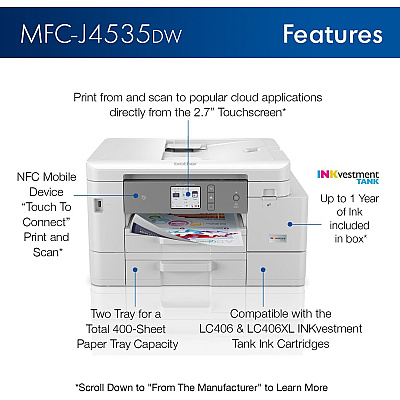 Brother INKvestment Tank MFC-J4535DW Inkjet Multifunction Printer-Color-Copier/Fax/Scanner-4800x1200 dpi Print-Automatic Duplex Print-30000 Pages-400 sheets Input-Color Flatbed Scanner-2400 dpi Optical Scan-Color Fax-Wireless LAN-Apple AirPrint
