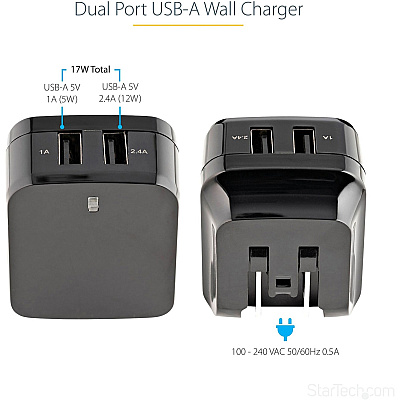 StarTech 2 Port Usb Wall Charger (2.4a / 1a Port) (USB2PACUBK)