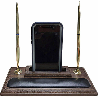 Dacasso Walnut & Leather Double Pen Stand/Cell Phone Holder (A8412)