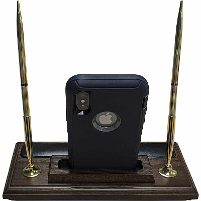 Dacasso Walnut & Leather Double Pen Stand/Cell Phone Holder (A8412)