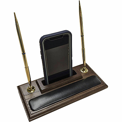 Dacasso Walnut & Leather Double Pen Stand/Cell Phone Holder (A8412)