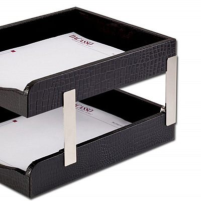 Dacasso Crocodile Embossed Black Leather Double Letter Trays (A2220)