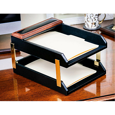 Dacasso Walnut & Leather Double Letter Trays (A8420)