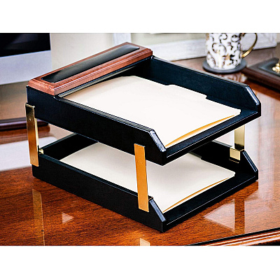 Dacasso Walnut & Leather Double Letter Trays (A8420)