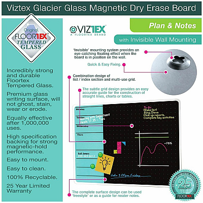 Floortex Cleartex Glacier Teal & Black Plan & Grid Glass Dry-Erase Board - 14" x 14" (FCVGM1414TP)