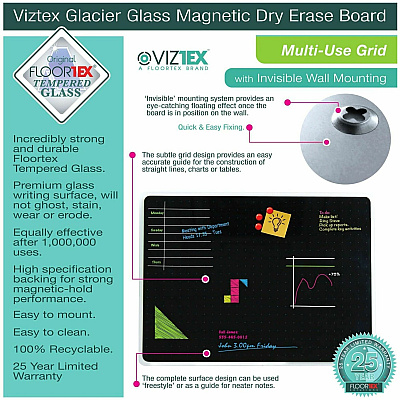 Floortex Viztex Glacier Black Multi-Purpose Grid Glass Dry-Erase Board 17" x 23" (FCVGM1723BG)