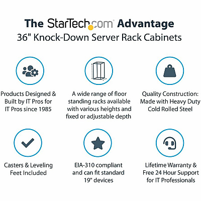 StarTech 32u 19inch Server Rack Cabinet, Adjustable Depth 6-32 Inch, Flat Pack, Lockable 4-post Network/data Rack Enclosure With Casters (RK3236BKF)